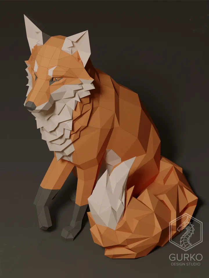 Sitting Fox Papercraft, Digital Template, PDF Download, Gurko, 3D LowPoly, Pepakura, DIY Origami Sculpture, Paper Party Decoration, DIY Gift