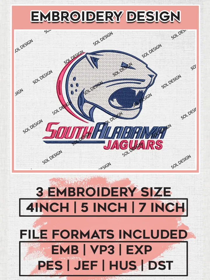 NCAA South Alabama Jaguars Logo embroidery designs, NCAA South Alabama Jaguars Machine embroidery designs, NCAA College Team Logo embroidery designs, Machine embroidery designs, Digital Download