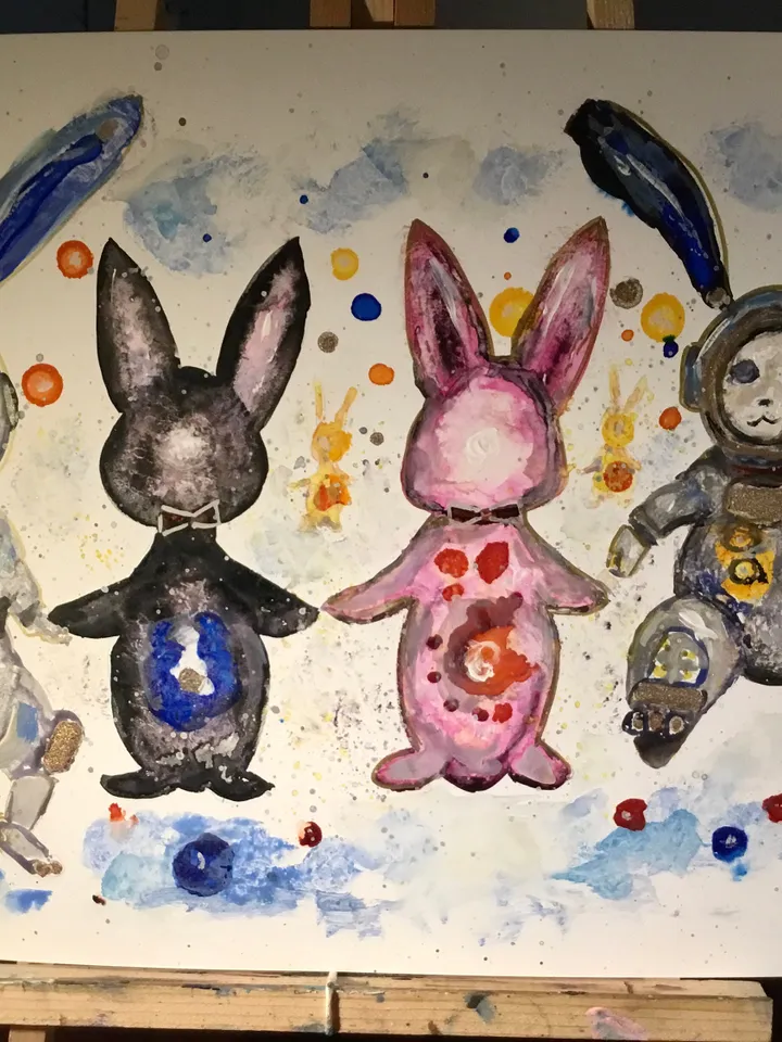 Cosmic bunnies original watercolour and alcohol inks  mix media painting on yupo paper,colourful rabbits wall decoration,unique gift.