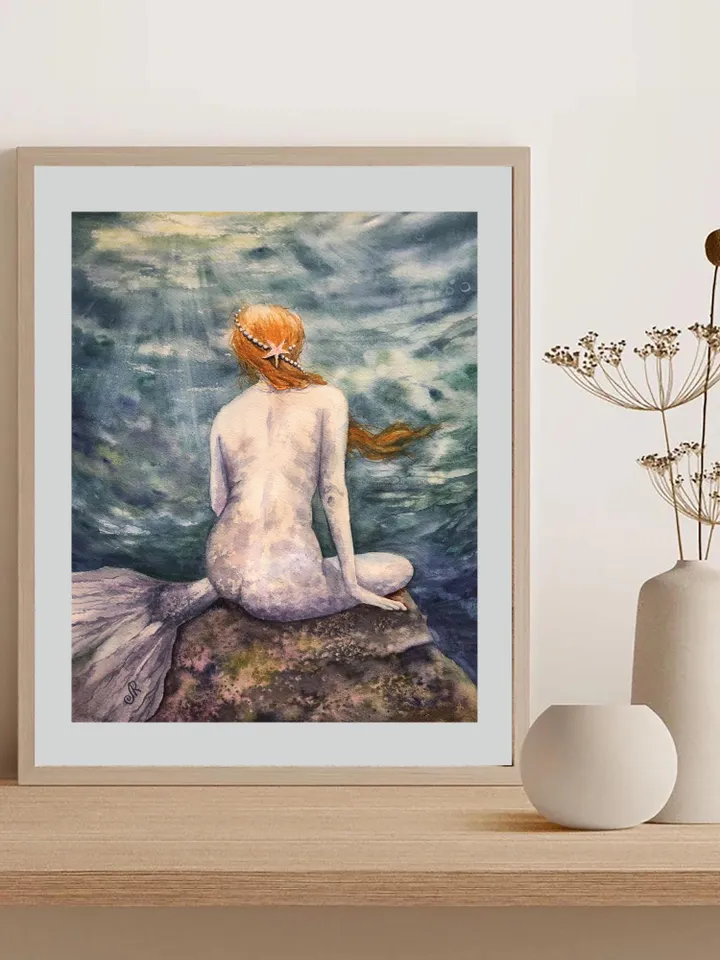 Mermaid Original Painting Woman Watercolor Wall Art