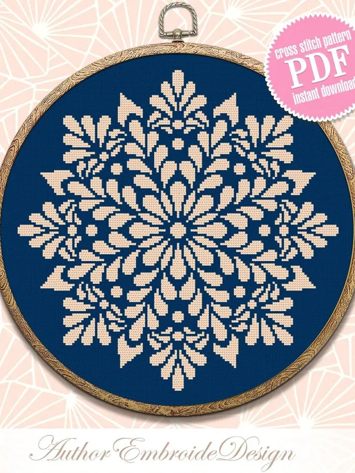 Flower mandala cross stitch pattern PDF download Floral mandala pattern digital PDF, Monochrome cross stitch chart, Mandala ornament #M230