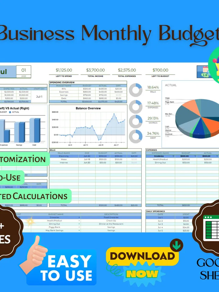 Business Monthly Budget Template for Small Business | Google Sheets Budget Tracker | Editable Budget Spreadsheet for Entrepreneurs