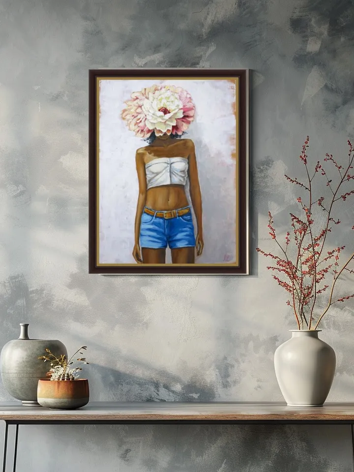 Original Oil Painting Portrait of a Girl with of Flowers Woman Without Face Artwork