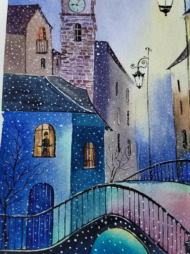 Winter Night Artwork Original Watercolor Painting Snowfall in Old Town 11.81x15.74 in by Art Café