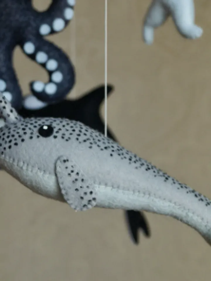 Baby mobile with whales for ocean nursery. Ocean octopus, narwhal, orca and whale for decor nautical nursery.