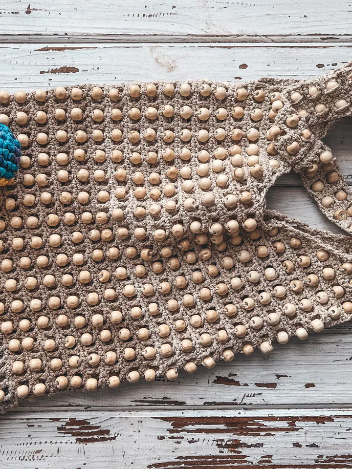 Crochet cotton bag with beads, net avoska bag, market vegan bag, tote beige bag, eco friendly bag, macrame tote, zero waist