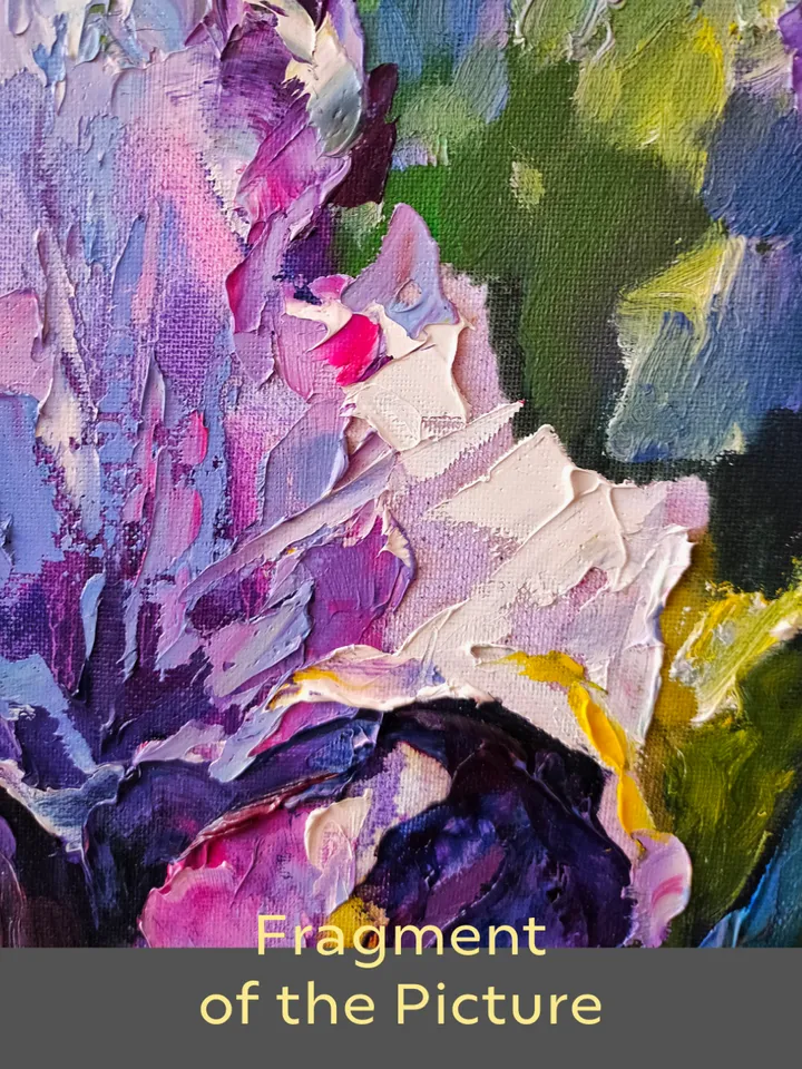 Flowers Irises Oil Canvas on Cardboard Original Art Painting Impasto Palette Knife 16 x 16 inches by Artist Natalia