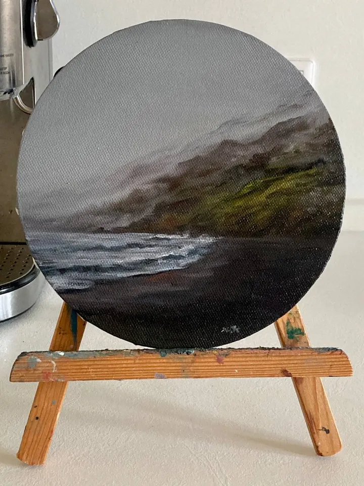 Small Landscape Round Oil Painting Dark Ocean Art Original Moody Victorian Painting Coastal Wall Decor 8 by 8 Art