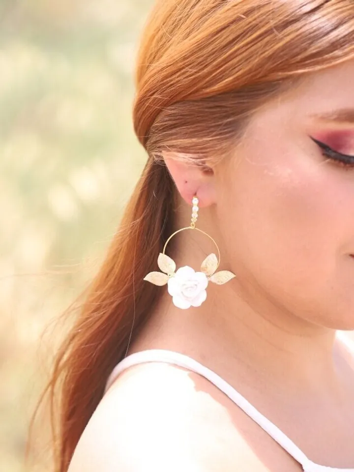 Hoop Porcelain Flower Boho Wedding Earrings, Floral Statement Rose Gold Bridal Earrings, Leaf Statement Wedding Jewelry, Boho Bridal Jewelry