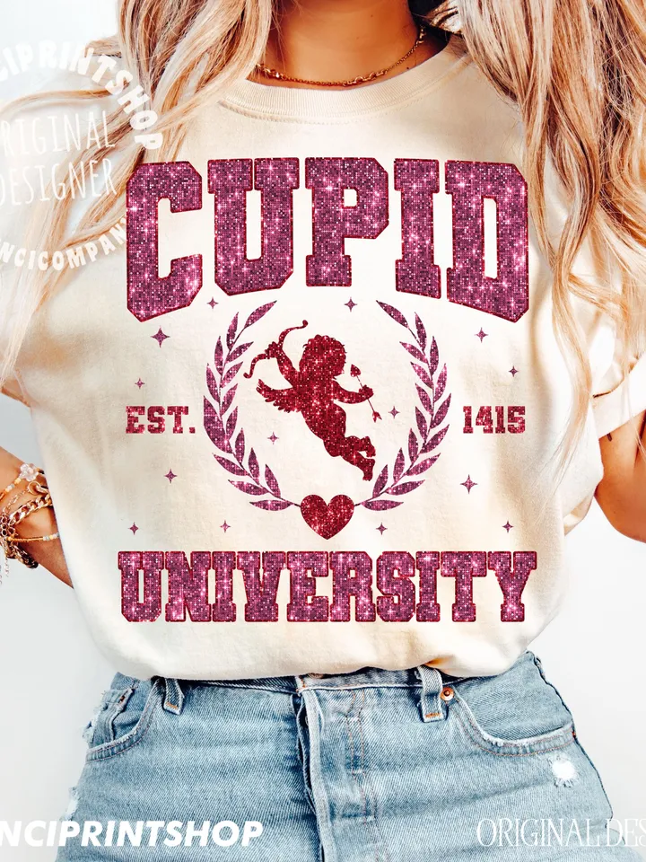 Glitter Cupid University PNG, Valentines Day T Shirt Sublimation, Retro Valentines png, Love Sublimation, Cupid png, Heart png, Valentines