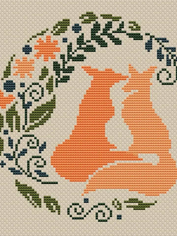 Fox Cross Stitch Pattern Modern, Foxes Cross stitch pattern PDF, Silhouette of foxes with leaf ornament