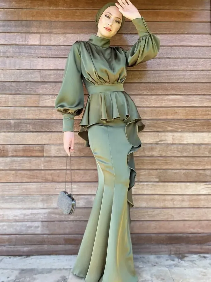 AHUNARE HIJAB - Lina Khaki Satin Wedding Dress, Muslim Evening Gown, Nikah, Islamic Wedding, Engagement, Bridesmaid,
