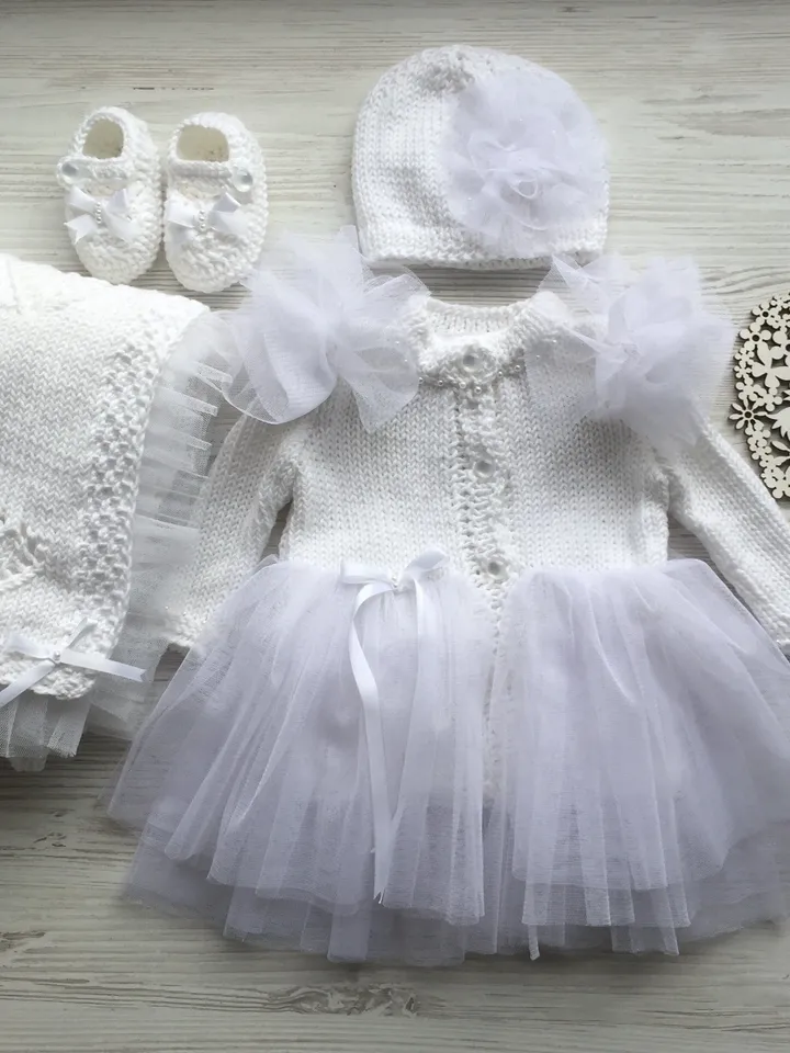 Hand made baby outfit. Knitting outfit for baby girl. Take home outfit for baby girl. Baptism outfit for baby girl. Baby shower gift .