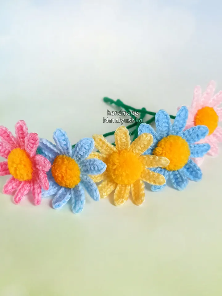 Bouquet of 5 flowers, Chamomile, Summer bouquet Daisy, Wildflowers, Crochet Interior flowers, Fake flower, White flowers