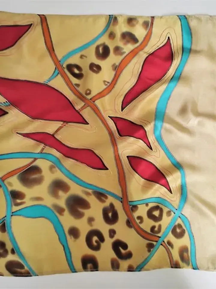 Small square silk neck scarf Red and gold silk scarf hand painted batik