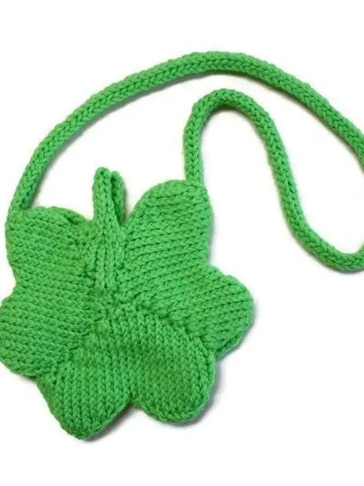 Green Clover Purse for Saint Patrick's Day, Knitted Bags, Little Girl's Purse, Small Leaf Pouch, Four Leaf Lucky Clover, Gift Ideas for Kids