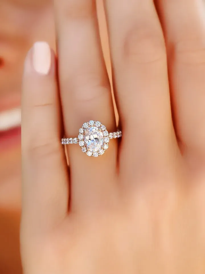 OVAL ENGAGEMENT RING | Oval Halo Cut Diamond Ring Band | Rose Gold 1.5 Ct Diamond Wedding Ring | 14k Rose Gold ring | Engagement Ring Band