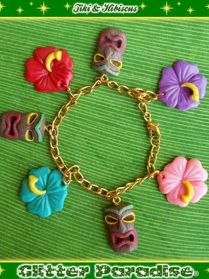 Tiki & Hibiscus - Bracelet - Tiki Jewelry - Tiki Oasis - Hula Girl - Vintage Exotica - Hawaii Jewelry Tropical - Wahine - Glitter Paradise®