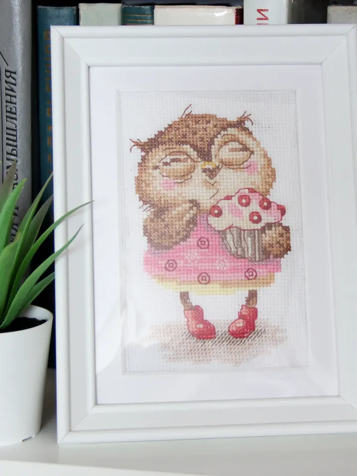 Cross stitch picture. Owl framed artwork