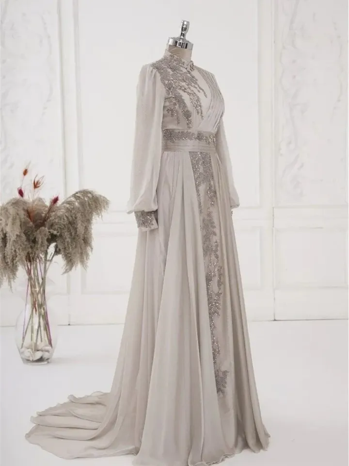 AHUNARE HIJAB - Elit Cream Chiffon Tailed Wedding Dress, Muslim Evening Gown, Nikah, Islamic Wedding, Engagement, Bridesmaid,