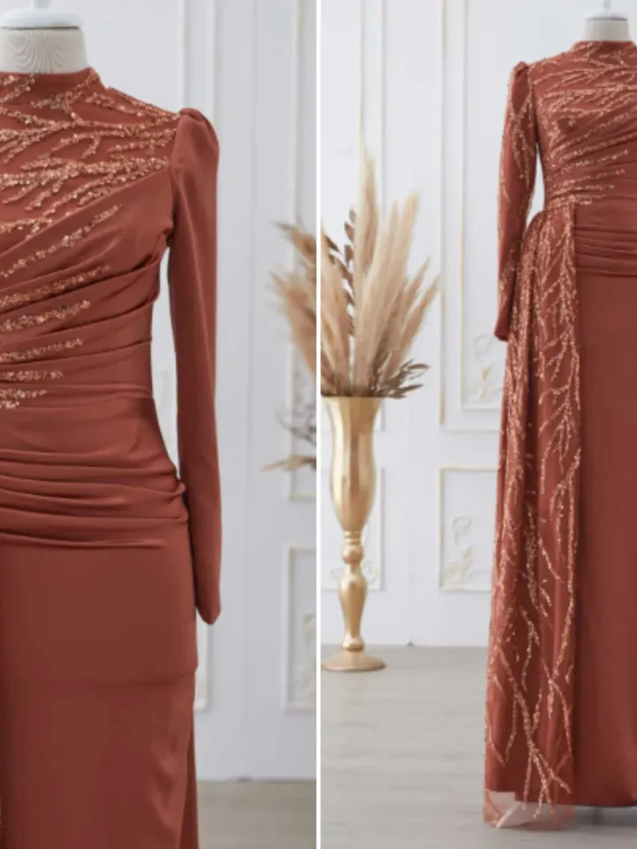 Güneş Brick Color Side-tTailed Satin Embroidered Ahunare Wedding Dress, Muslim Evening Gown, Wedding, Engagement, Bridesmaid, Maxi Dress