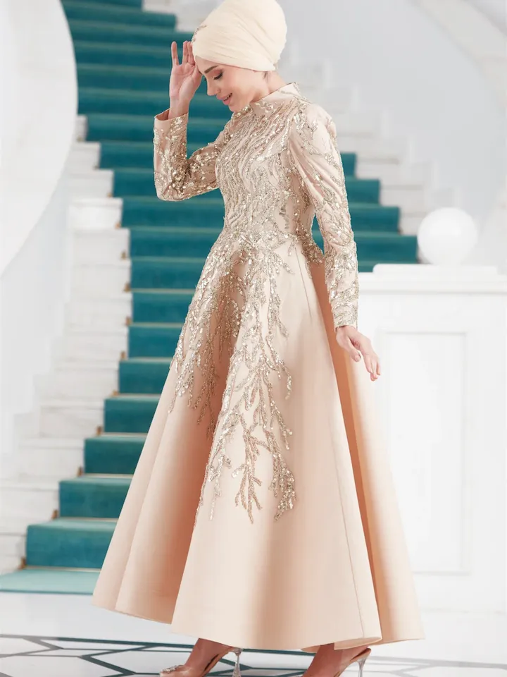 AHUNARE HIJAB - Yıldız Cream Embroidered Wedding Dress, Muslim Evening Gown, Nikah, Islamic Wedding, Engagement, Bridesmaid,