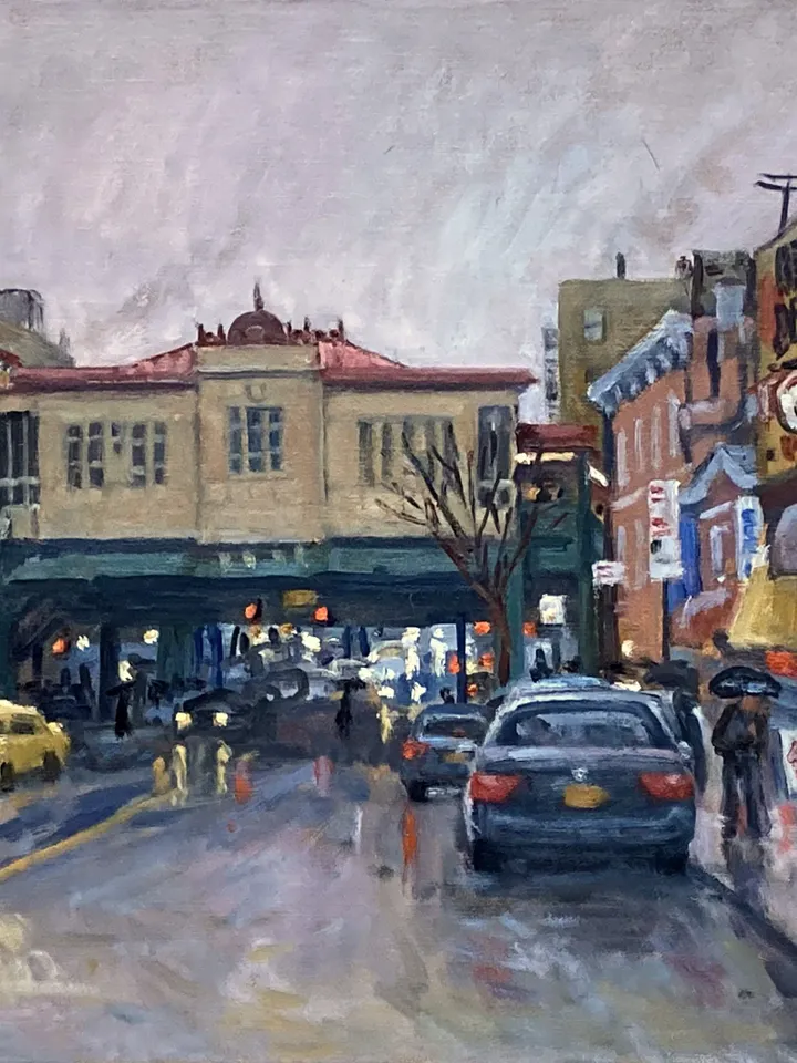 Original Bronx Oil Painting - Rainy Evening on 231st Street/NYC- 14x20 Oil on Canvas, Large Plein Air Impressionist Street Scene