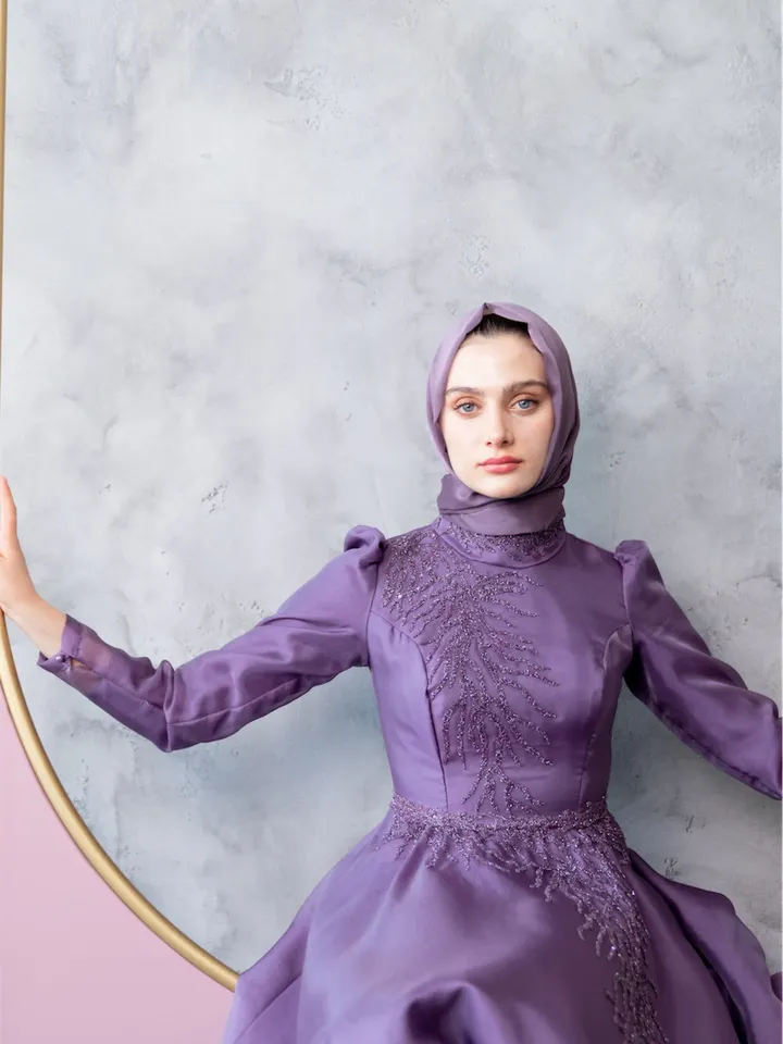 Mimoza Lilac Embroidered Ahunare Wedding Dress, Muslim Evening Gown, Nikah, Islamic Wedding, Engagement, Bridesmaid, Maxi Dress