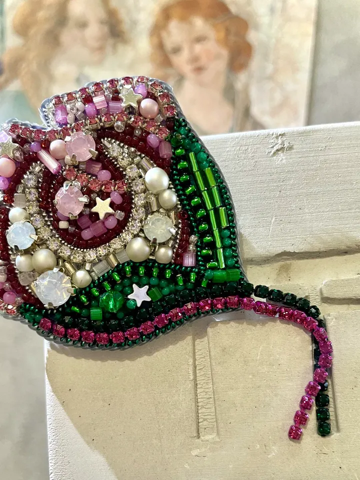 Moon Flower Beaded Brooch, Handmade Embroidered Accessory, Pin Blossom in Pink with Half-moon Crescent, Flower Brooch