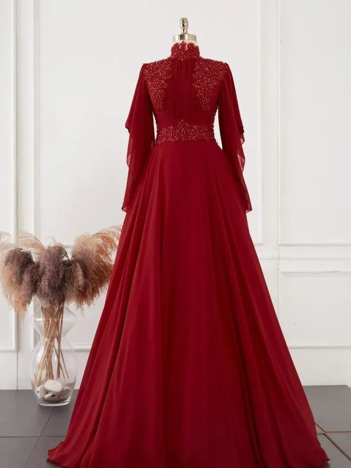 AHUNARE HIJAB - Sedef  Burgundy Chiffon Embroidered Wedding Dress, Muslim Evening Gown, Nikah, Islamic Wedding, Engagement, Bridesmaid,