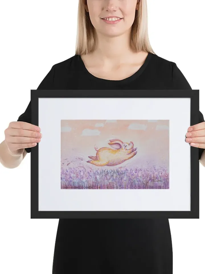 Pink pig runs through the lavender field, Matte Paper Framed Poster With Mat, nursery wall décor, reproduction of painting, purple pastel