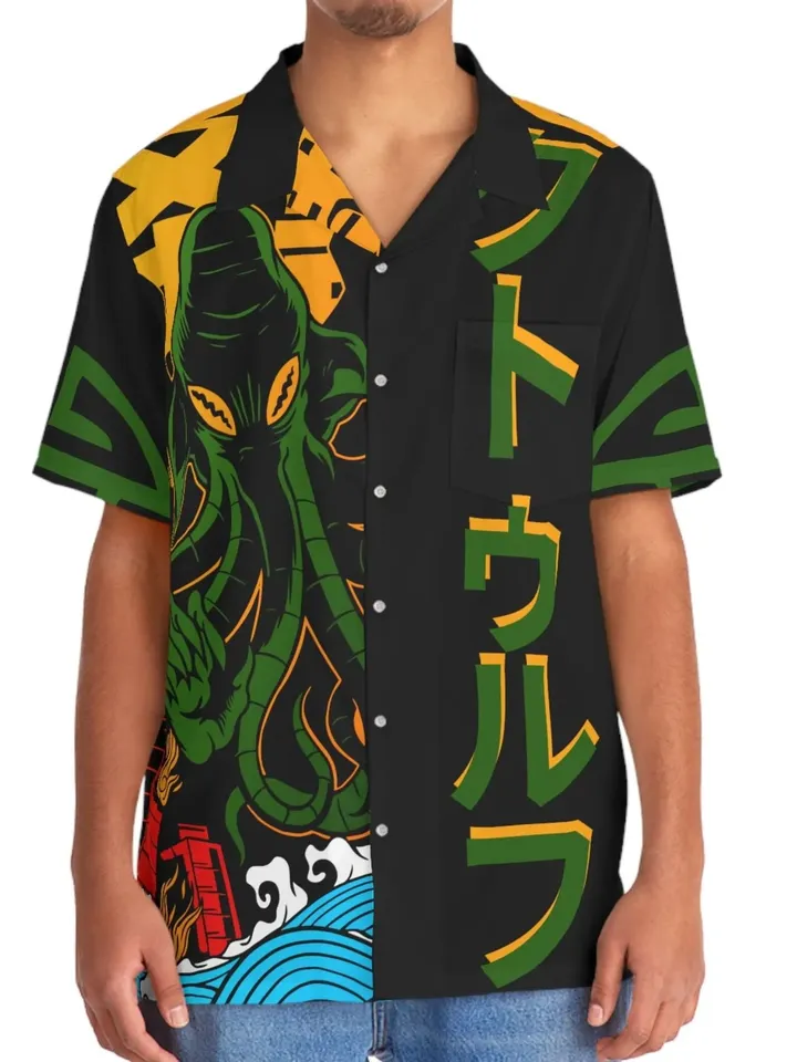 Cthulhu Kaiju Hawaiian Shirt | Dungeons and Dragons Fantasy All-Over-Print Shirt, Button Up Cthulhu Mythos Top, Kaiju Monster Bowling Shirt