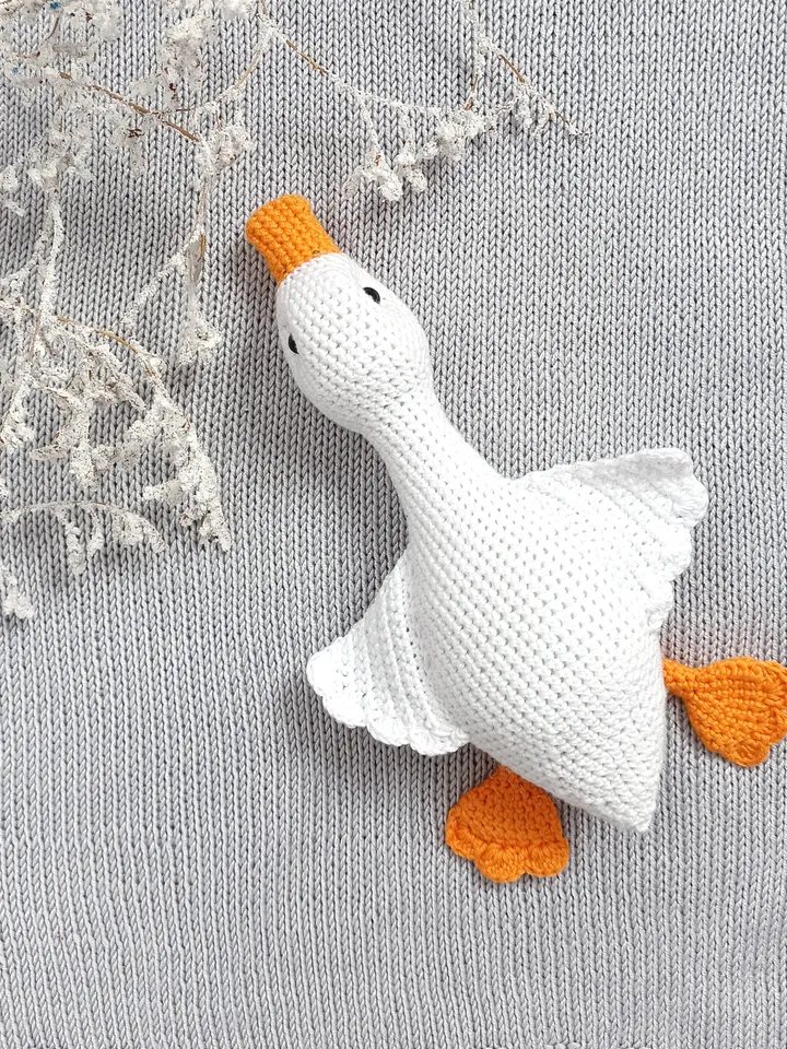 Stuffed goos toy, soft toy cuddle goose, plush white duckling, handmade knitted goose