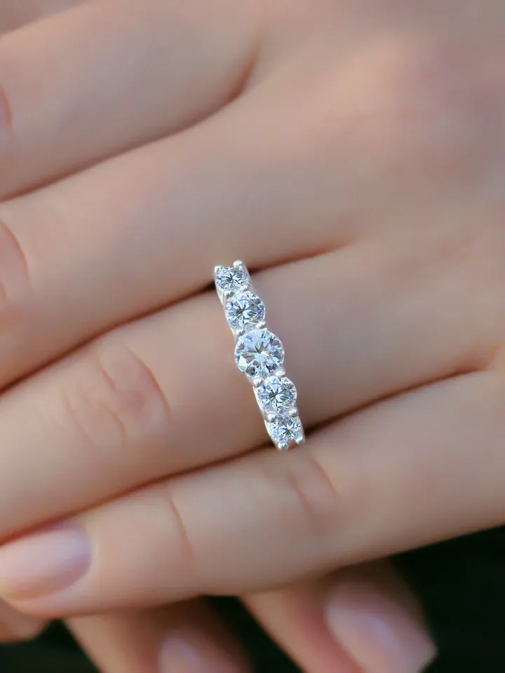 FIVE STONE RING | Round Cut Moissanite Diamond Ring | White Diamond Wedding Band | 14k Solid Gold Engagement Ring | Modern Wedding Ring