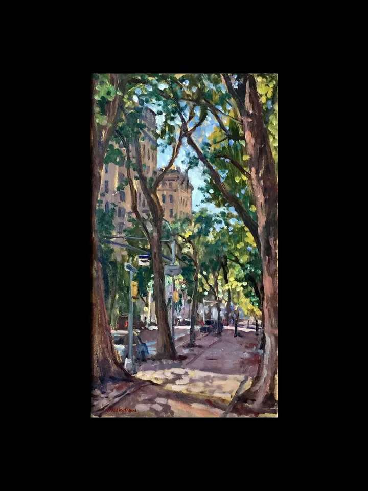Original New York Cityscape Painting - Along Central Park/Fifth Avenue/NYC - 10x18 Oil on Panel, Plein Air Impressionist Landscape