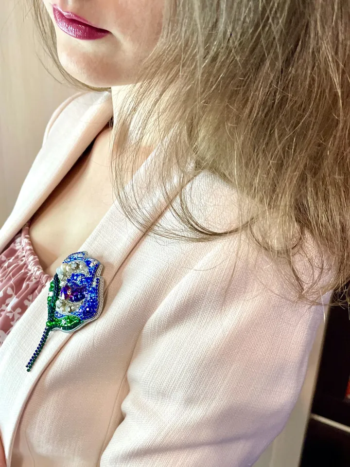 Beaded Flower Brooch, Handmade Embroidered Accessory, Pin Blossom in Blue Color with Half-moon Crescent, Moon Brooch