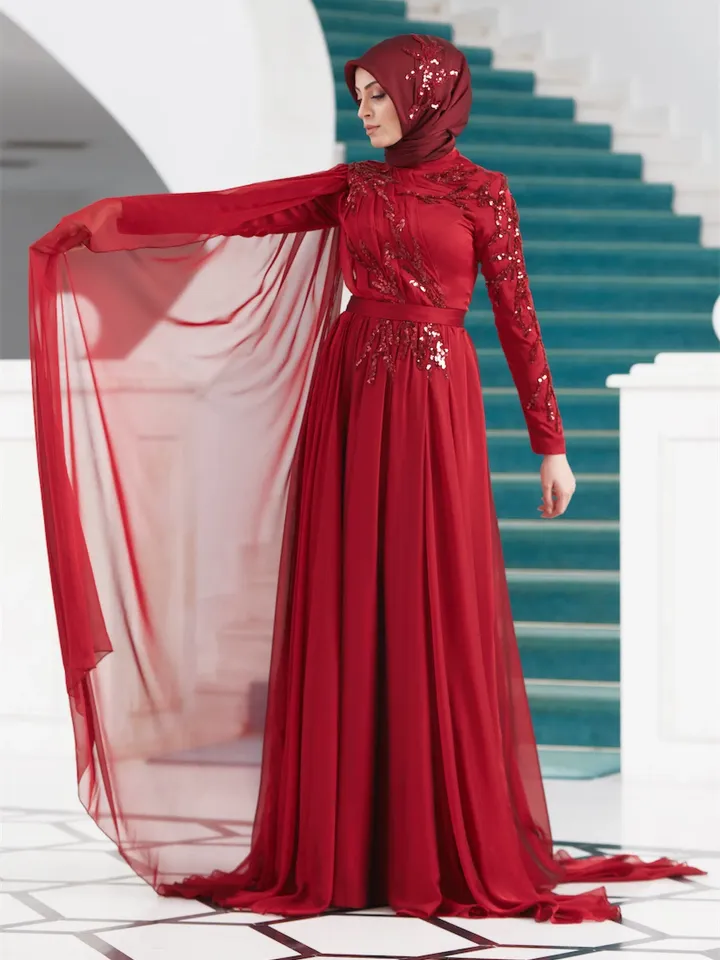 AHUNARE HIJAB - Vera Burgundy Chiffon Wedding Dress, Muslim Evening Gown, Nikah, Islamic Wedding, Engagement, Bridesmaid,