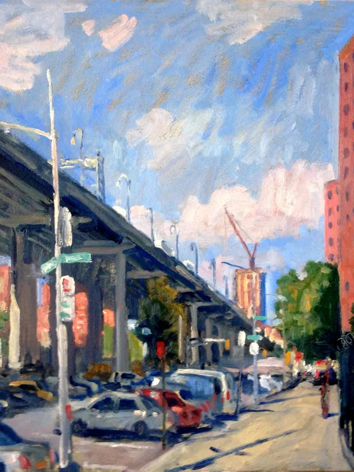 Original NYC Cityscape Painting - Williamsburg Bridge Delancey St/LES/NYC - 14x14 Oil on Panel, Original Urban Impressionist Landscape