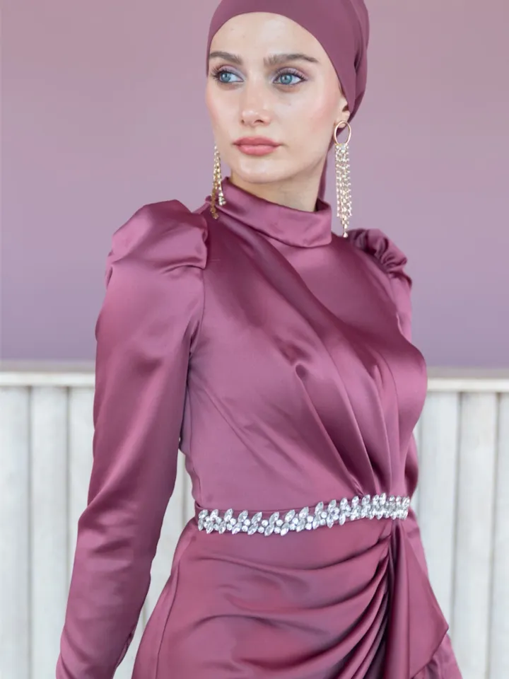 AHUNARE HIJAB - Ahunare - Buket Dress, Satin Dress, Rose Color, Muslim Evening Dress, Nikah, Wedding, Engagement, Bridesmaid, ,