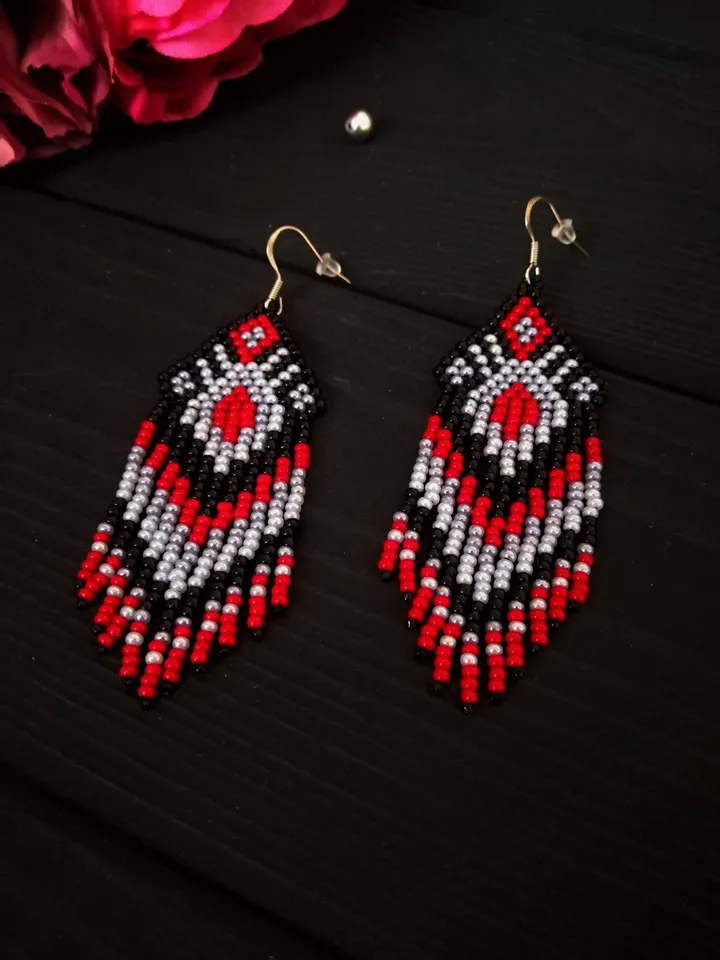 Long Native American Style Beaded Earrings , Handmade Earrings Woman