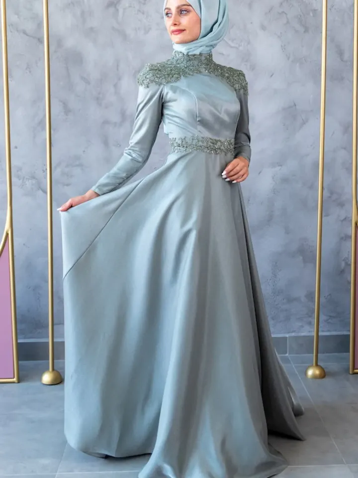 AHUNARE HIJAB - Bade Dress, Satin Dress, Mint Color, Muslim Evening Dress, Nikah, Wedding, Engagement, Bridesmaid, ,