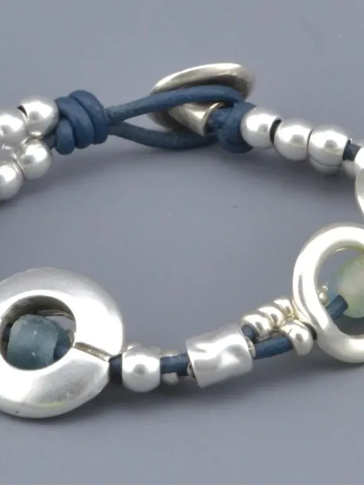 Recycled Ocean Blue Sea Glass Barcelet, Antique Silver Chunky Beaded Bracelet for Women, Bohemian Ethnic Tribal Jewelry, Gifts For Her