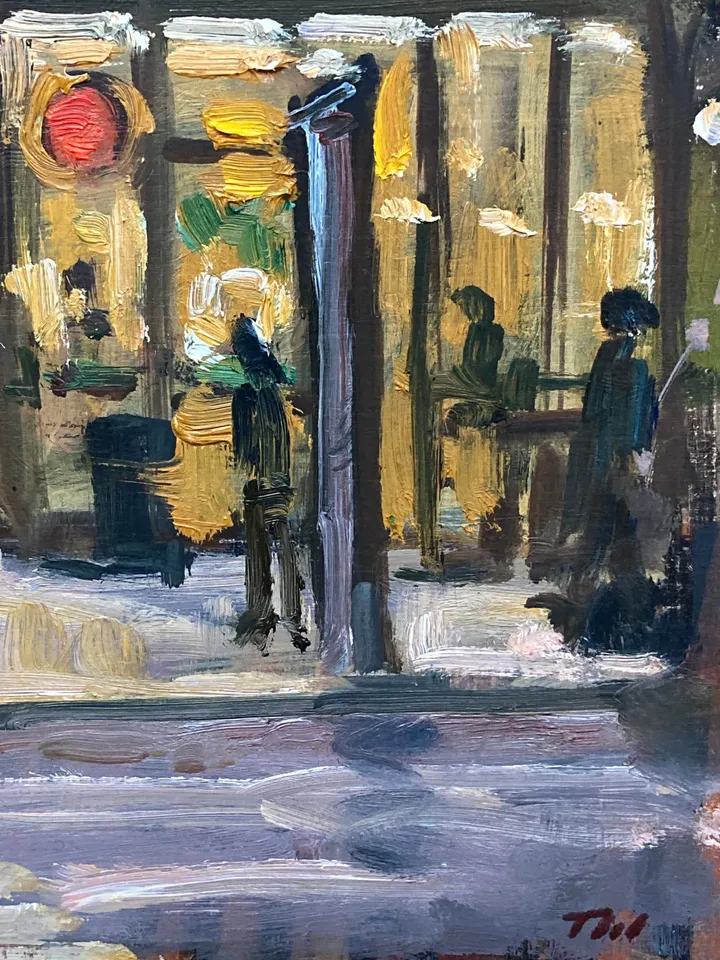 Papaya King/NYC Nocturne Painting - New York Cityscape, 10x10 Oil on Panel, Contemporary Realist Fine Art, Signed Original