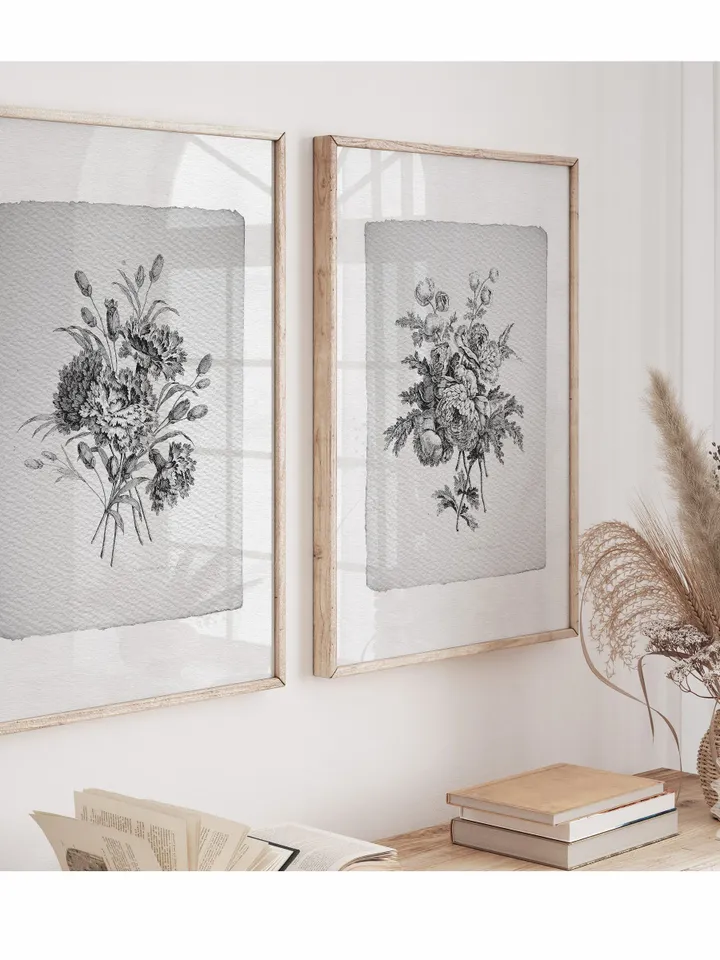Vintage Botanical Print Set of 2 Sketches, Antique Floral Art Digital, Printable French Country Decor | 23 S2