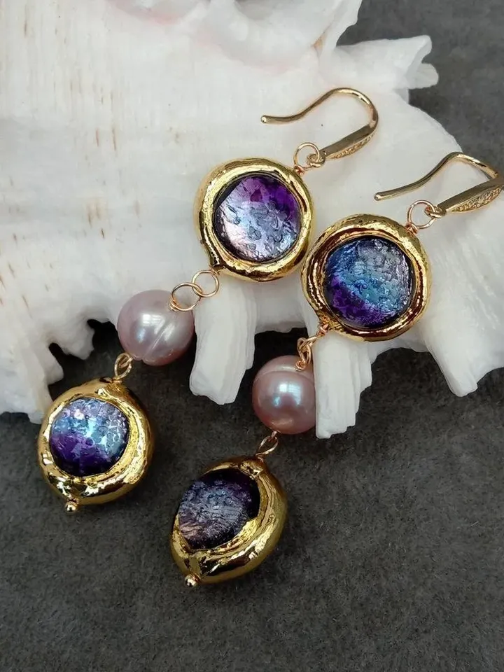 Glass Dangle Earrings with Pearls, Gold Glass Dangle Earrings, Glass Earrings, Gold Pearl Dangle Earrings, Gold Dangle Earrings, Bohemian