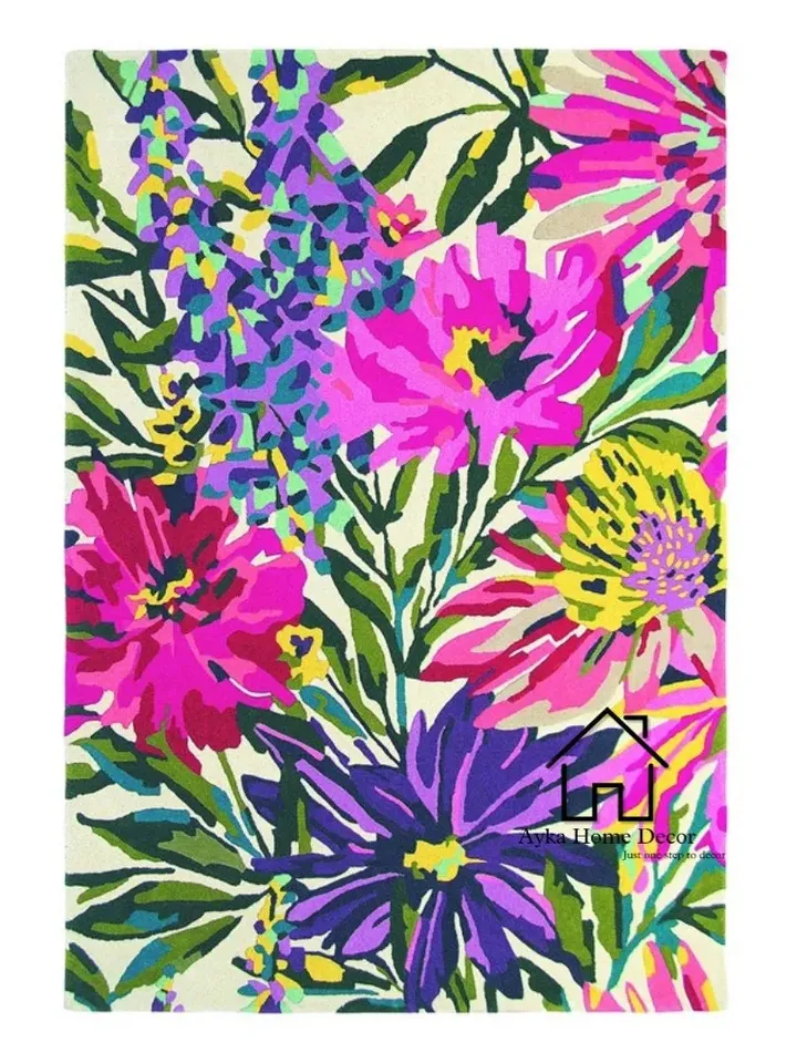 Tufted Wool Floral Area Rug in Indigo/Pink/Purple Rug Stylish Hand Tufted Hand Tuft Rug 5x8 6x9 7x10 8x10 9x12 High Quality Tufted Wool Rug