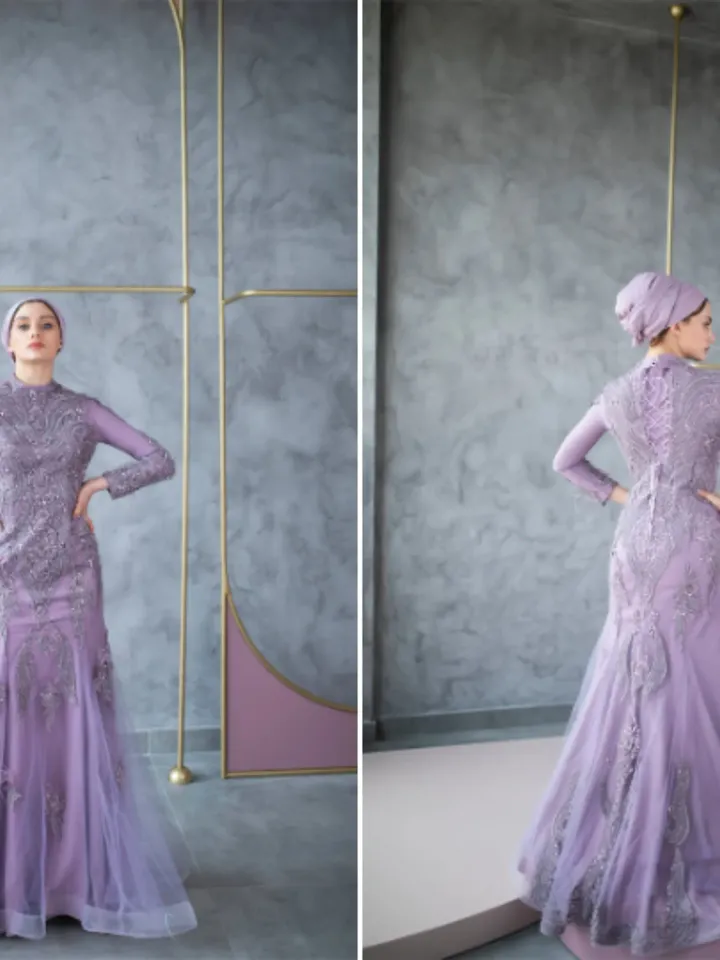AHUNARE HIJAB - Laiya lilac Mermaid Embroidered Handwork Wedding Dress, Muslim Evening Gown, Islamic Wedding, Engagement, Bridesmaid,