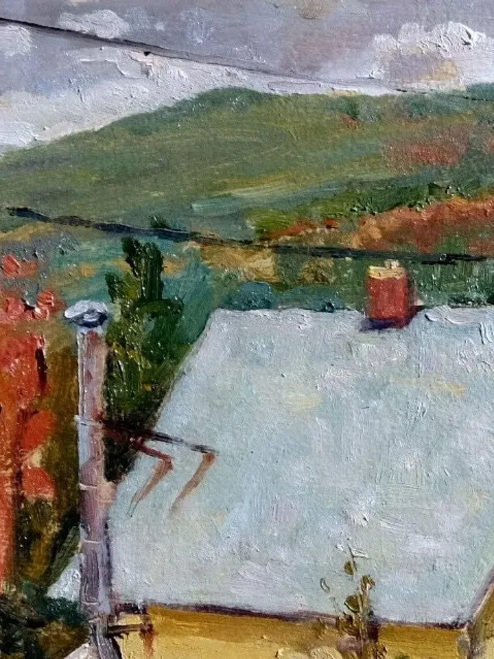 Original Autumn Landscape Painting -Downhill Houses- 10x17 Oil on Panel, Plein Air Impressionist Oil, Signed Original