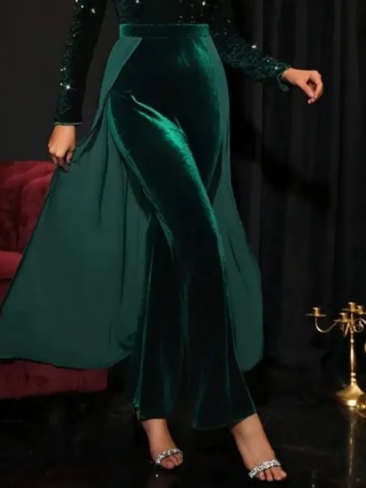 Sequin Velvet V Neck Long Sleeve Flare Leg Jumpsuit With Mesh Skirt Party Prom Cocktail Wedding Evening Women Ladies