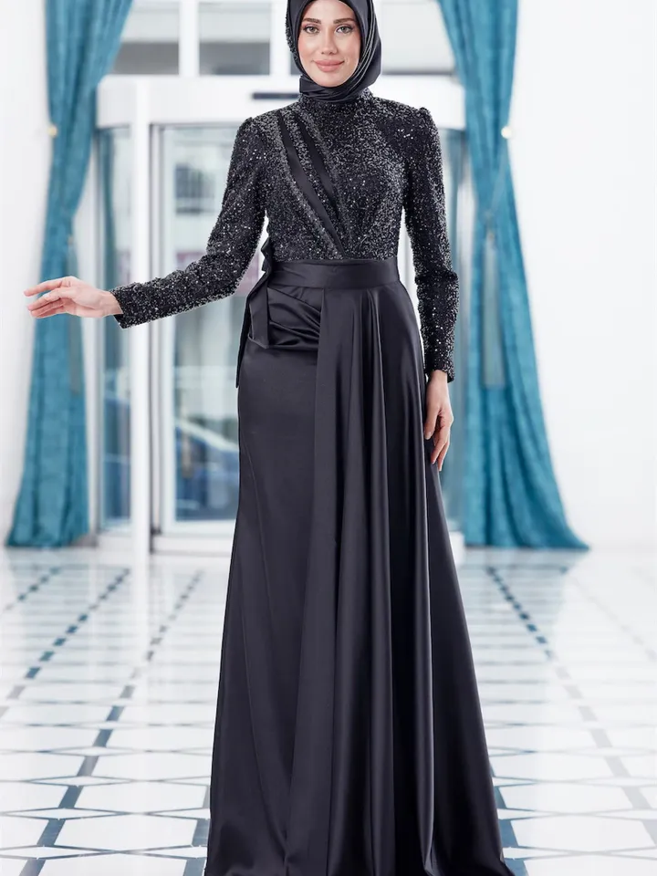AHUNARE HIJAB - Balık Saten Black Satin Mermaid Wedding Dress, Muslim Evening Gown, Nikah, Islamic Wedding, Engagement, Bridesmaid,